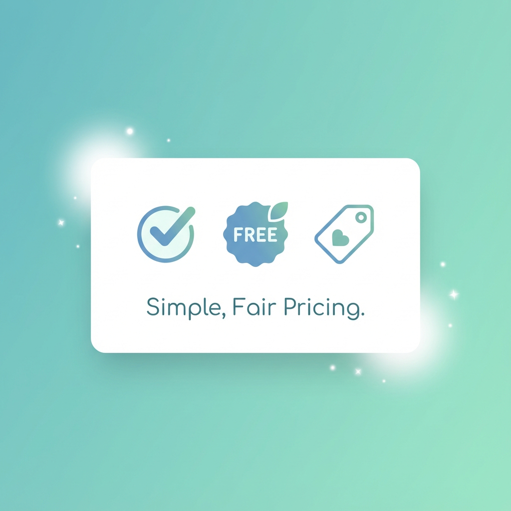 Illustration showing simple and fair pricing with checkmark, free badge, and price tag icons {{brizy_dc_image_alt imageSrc=