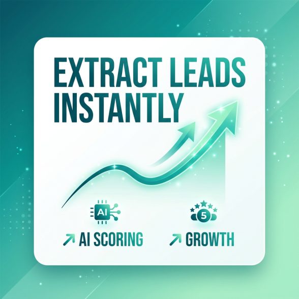 Modern SaaS illustration showing “Extract Leads Instantly” with rising growth lines, AI scoring icon, and growth badge on a teal gradient background. {{brizy_dc_image_alt imageSrc=